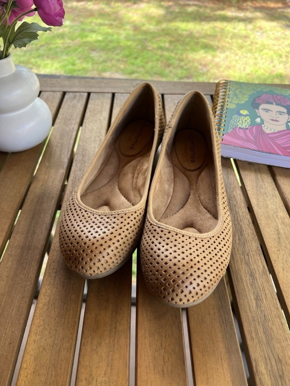 Comfortiva Camel Perforated Leather Ballet Flats Women’s 8M